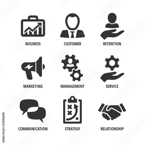  Vector business shape icon set with customer, retention, marketing, management, service, communication, strategy, relationship.