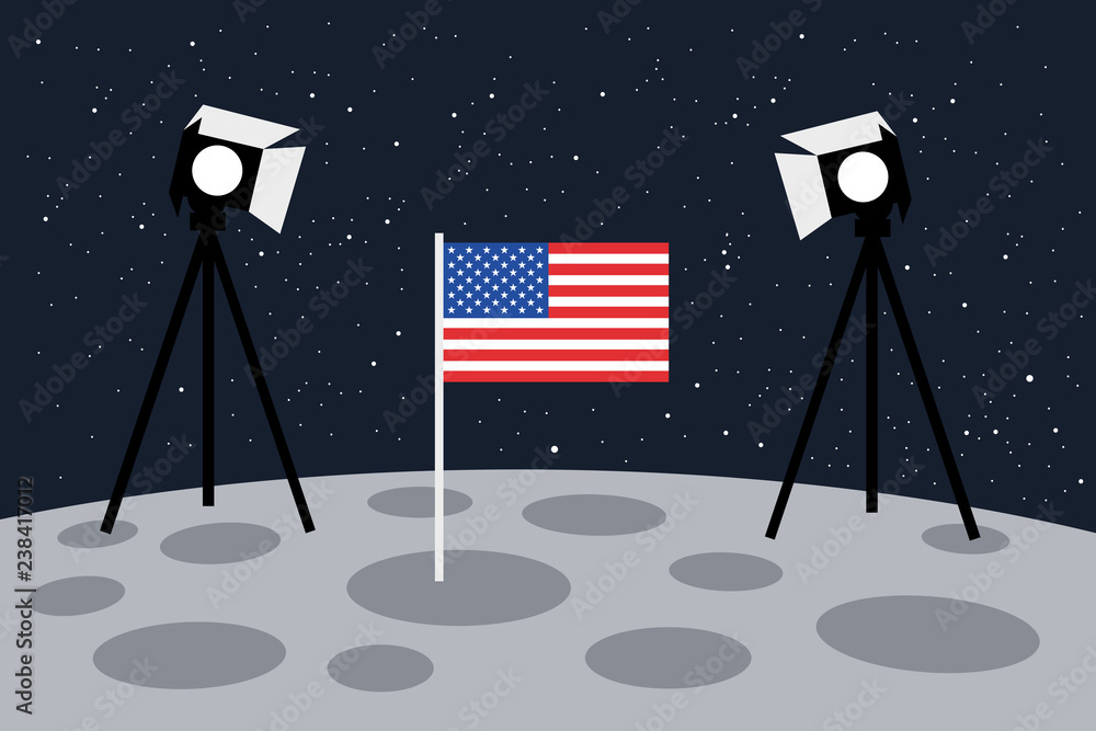 Fototapeta premium American landing on the Moon as staged scene with light and US flag - United States of America and fake astronautics. Conspiracy theory on cheating and deception of NASA. Vector illustration