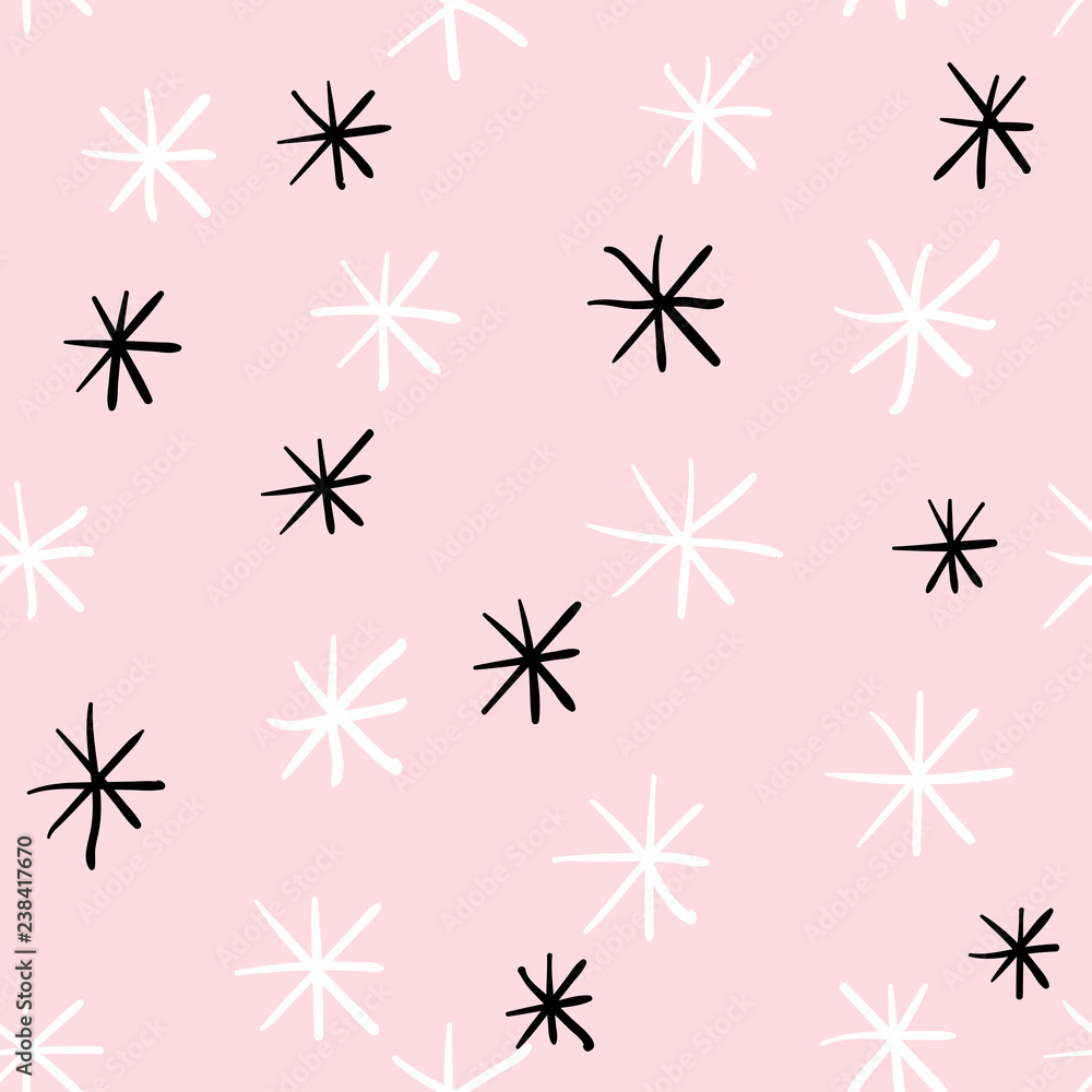 Cute abstract seamless pattern with stars, snowflakes on pink background. Vector illustration. Cute abstract seamless pattern with stars, snowflakes on pink background. Vector illustration.