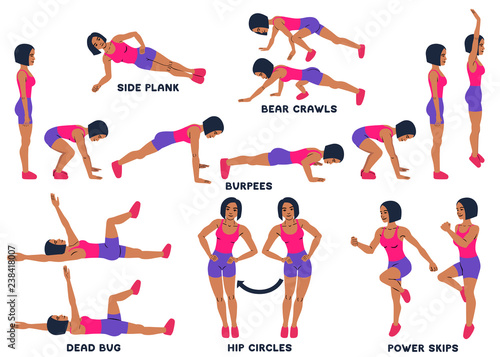 Burpees, bear crawls, hip circles, dead bug, side plank, power skips. Sport exersice. Silhouettes of woman doing exercise. Workout, training.