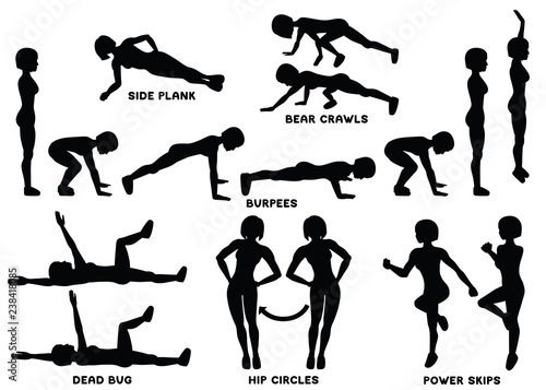 Burpees, bear crawls, hip circles, dead bug, side plank, power skips. Sport exersice. Silhouettes of woman doing exercise. Workout, training.