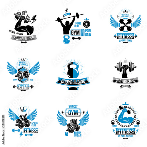 Set of vector cross fit and fitness theme emblems and motivational posters created with dumbbells, barbells, kettle bells sport equipment and muscular athlete body silhouettes.
