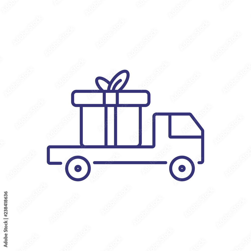 Truck carrying gift box line icon. Gift delivery, delivery service, New Year present. Christmas concept. Vector illustration can be used for topics like holiday, service, logistics Truck carrying gift box line icon. Gift delivery, delivery service, New Year present. Christmas concept. Vector illustration can be used for topics like holiday, service, logistics