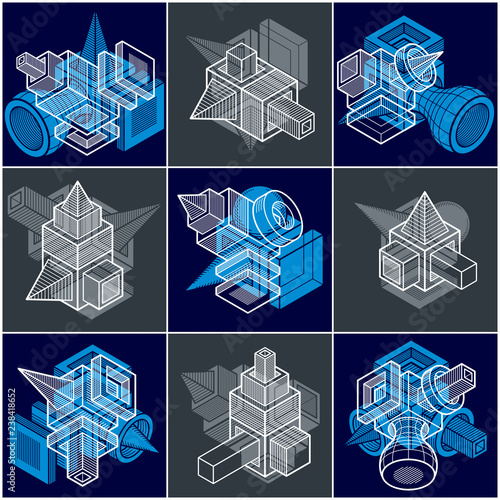 Different engineering constructions collection, abstract vectors set.