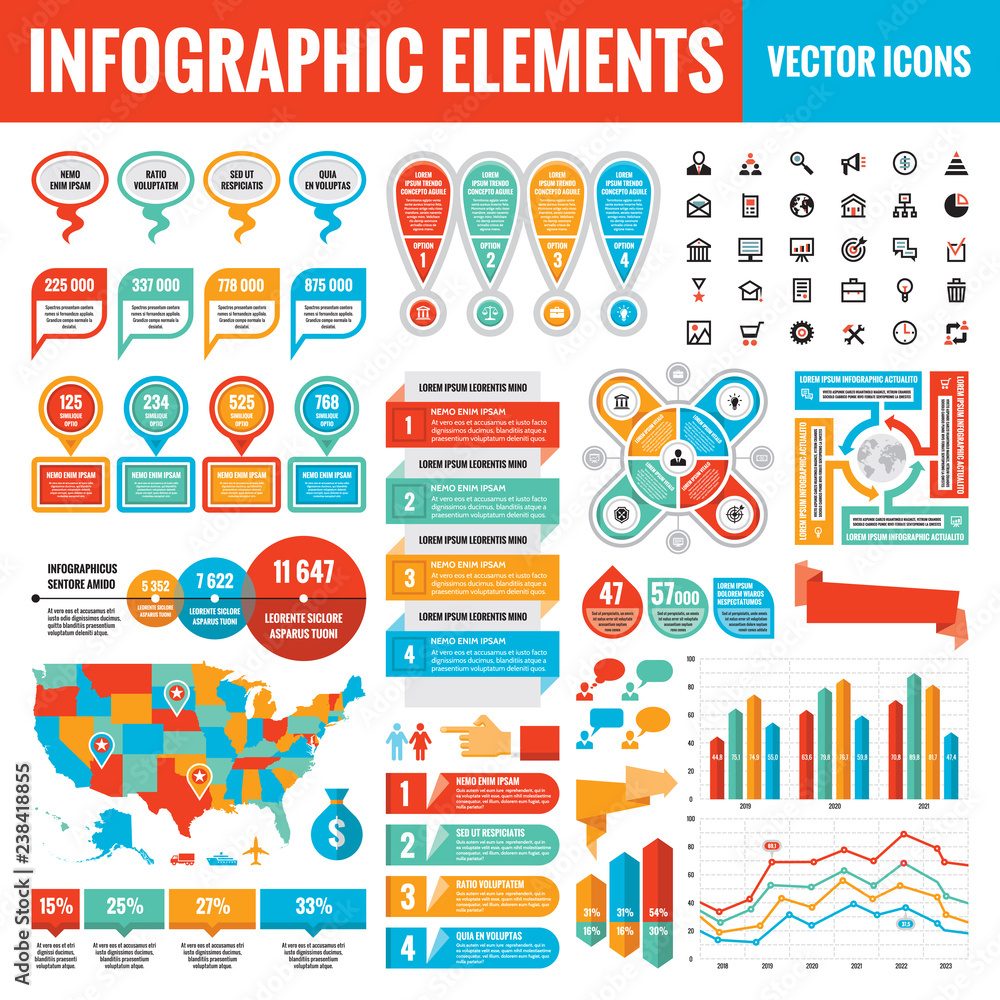 Infographic elements template collection - business vector Illustration  for presentation, booklet, website etc. Big set of Infograph and icons. USA map. Abstract graphic concept banners. 