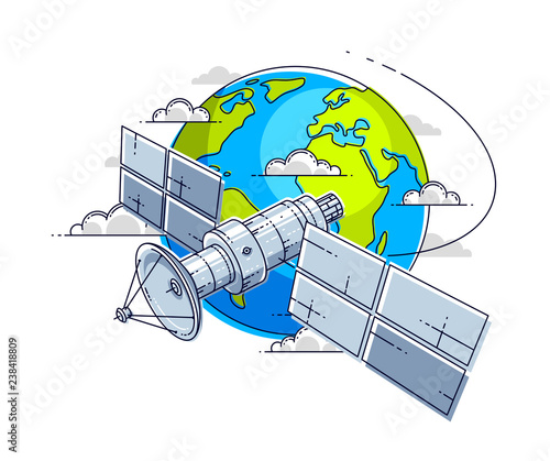Communication satellite flying orbital spaceflight around earth, spacecraft space station with solar panels and satellite antenna plate. Thin line 3d vector illustration.