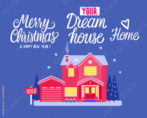 House two story cottage red color for sale. Sold sign. Flat Vector illustration on blue background. Winter magical night exterior. Merry Christmas and Happy New Year Card. Dream Home.