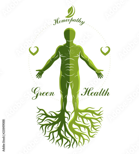 Vector illustration of individual, mystic character composed with tree roots and leaves. Vegetarian lifestyle concept.
