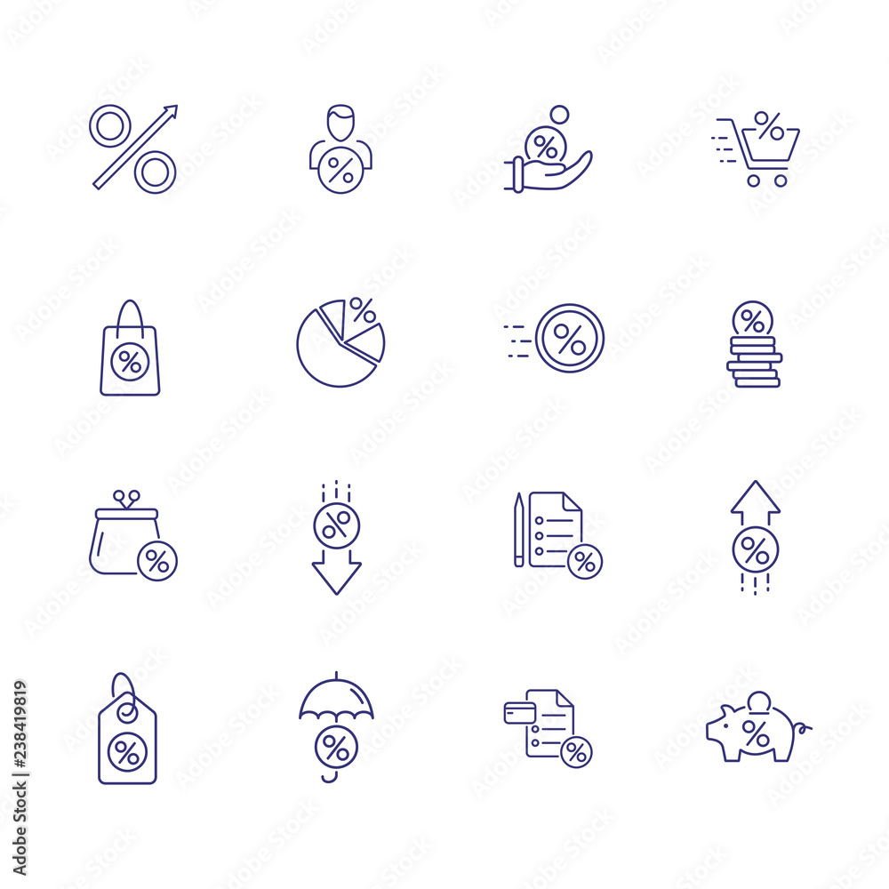 Discount and investment icon set. Set of line icons on white background. Manager, discount, sale, bank. Finance concept. Vector illustration can be used for topics like banking, investment, profit 