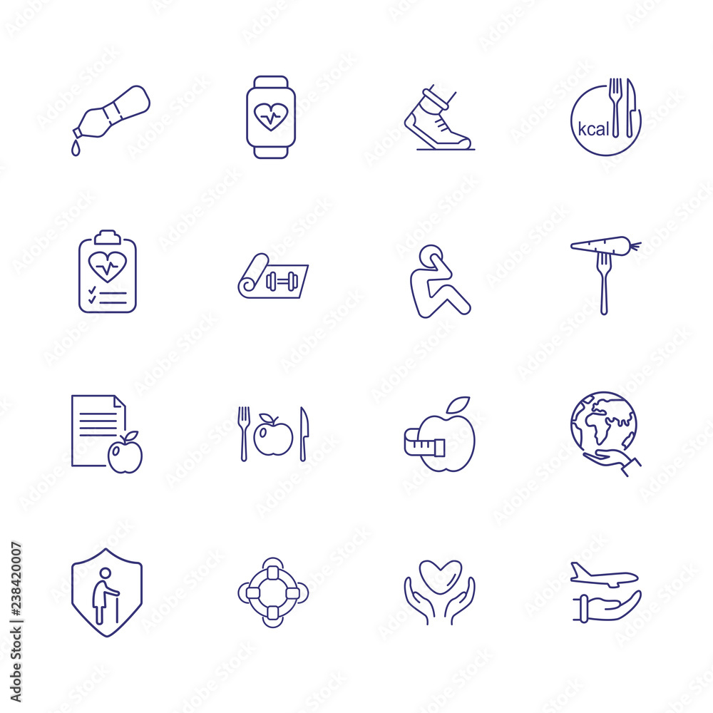 Healthy eating icon set. Set of line icons on white background. Apple, protection, diet, plate. Diet concept. Vector illustration can be used for topics like diet, fitness, healthy lifestyle Healthy eating icon set. Set of line icons on white background. Apple, protection, diet, plate. Diet concept. Vector illustration can be used for topics like diet, fitness, healthy lifestyle