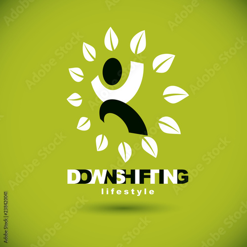 Vector illustration of happy abstract human with reaching up. Downshifting concept logo. Wellness and harmony symbol. Wanderlust and countryside vacation icon.