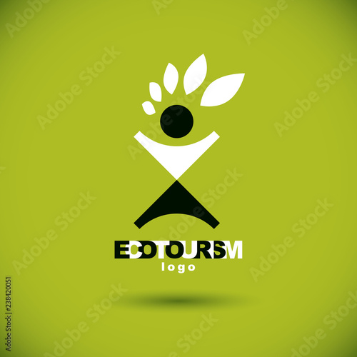 Vector illustration of joyful abstract individual with raised hands up. Ecotourism conceptual logo. Wellness and harmony symbolic symbol.