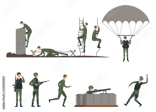 Set of isolated soldiers doing exercises. Military