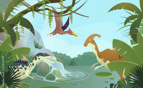 Nature landscape with prehistoric dinosaurs