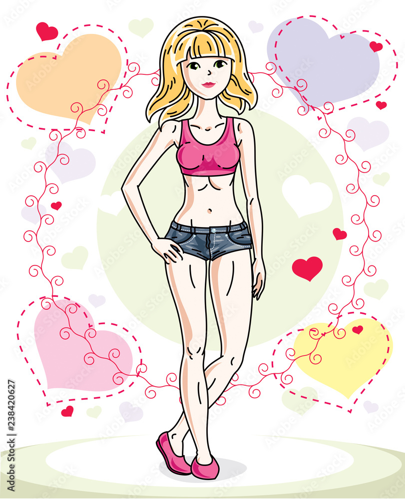 Young beautiful blonde woman adult standing on colorful background with Valentine hearts in modern casual clothes. Vector nice lady illustration.