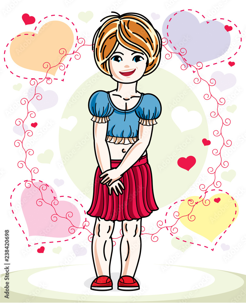 Beautiful happy little red-haired girl in stylish casual clothes posing on colorful backdrop with romantic hearts. Vector illustration of attractive kid. Beautiful happy little red-haired girl in stylish casual clothes posing on colorful backdrop with romantic hearts. Vector illustration of attractive kid.