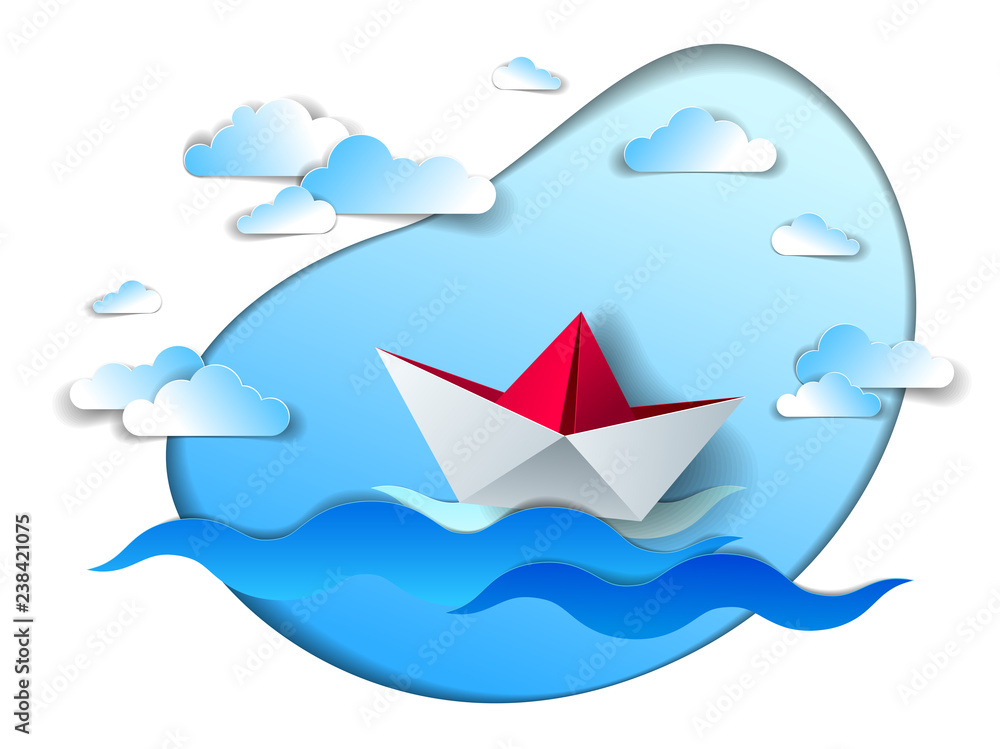 Obraz premium Paper ship swimming in sea waves, origami folded toy boat floating in the ocean with beautiful scenic seascape with clouds in the sky, vector illustration.