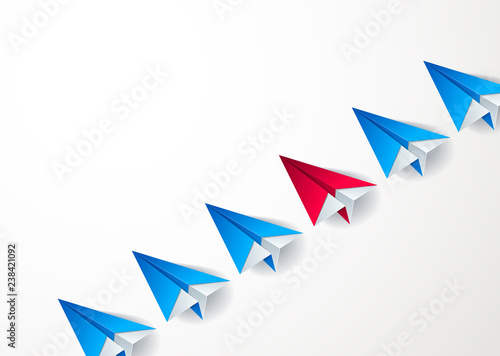 Be special, be leader, outstanding and stand out concept, line of origami paper toy planes one of them is bright red colored, 3d realistic vector illustration.
