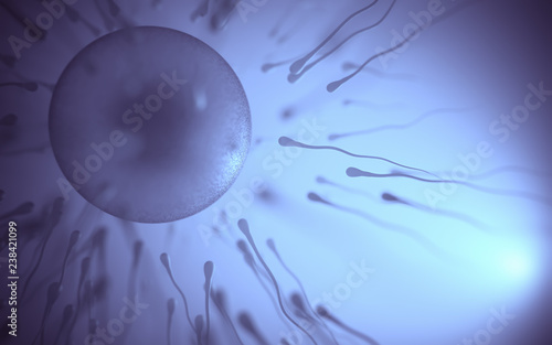 Conceptual image of human reproduction. Sperm trying to get into the egg.