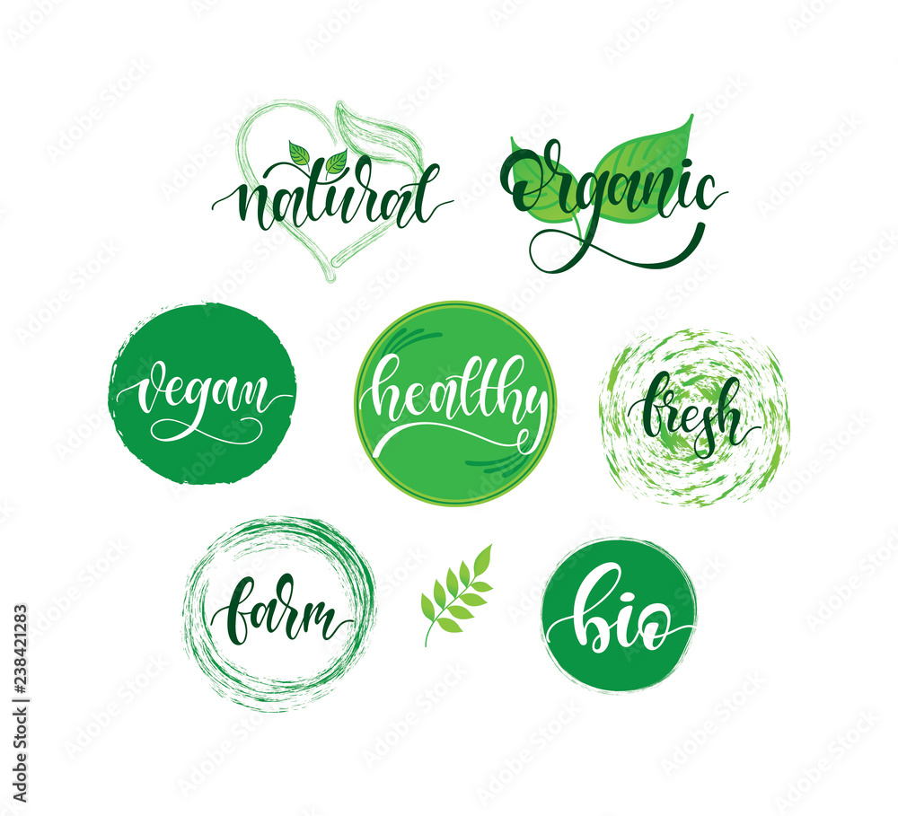 Organic food, farm fresh and natural product icons and elements collection for food market, ecommerce, organic products promotion, healthy life, food and drink.