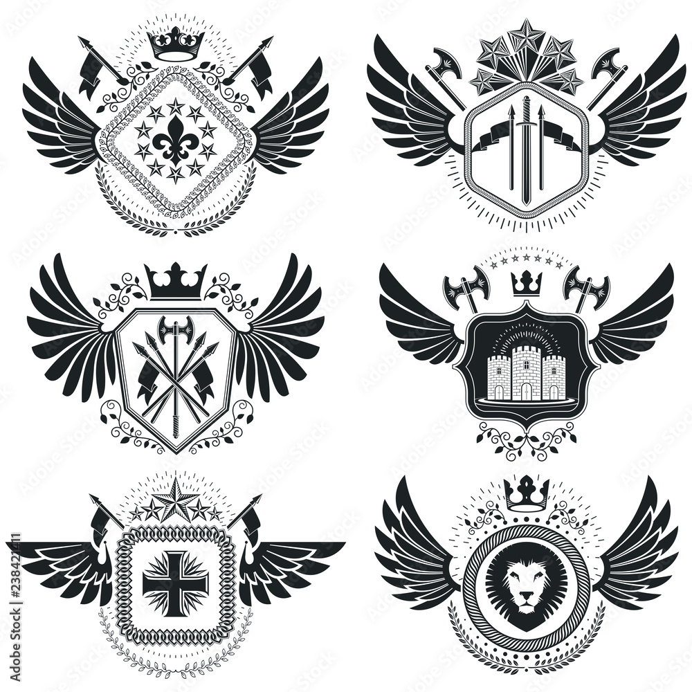 Vintage heraldry design templates, vector emblems. Collection of symbols in vintage style.
