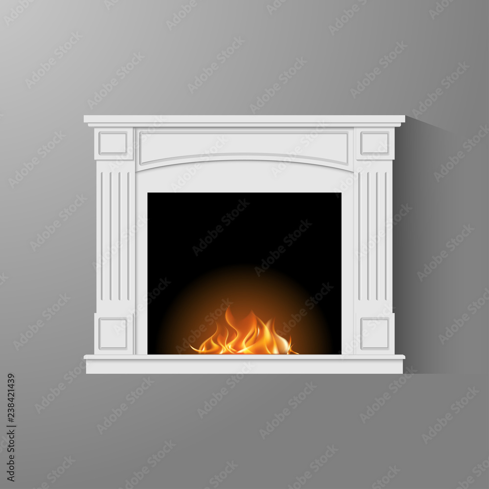 Fireplace with natural fire and bricks in a classic style. Element of the interior of the living room. Vector illustration EPS10 Fireplace with natural fire and bricks in a classic style. Element of the interior of the living room. Vector illustration EPS10