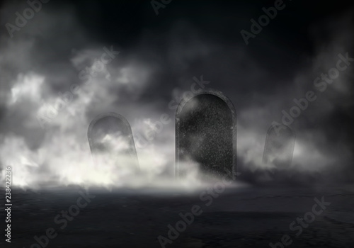 Old cemetery at night realistic vector with sloping gravestones covered thick fog in darkness illustration. Mysterious mist on graveyard. Creepy Halloween background with mystical scene in moonlight