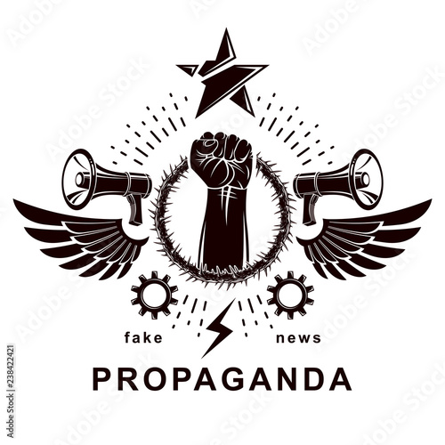Vector flyer created using clenched fists raised up, loudspeaker equipment and crown of thorns. Civil war abstract illustration, proletarian revolution.