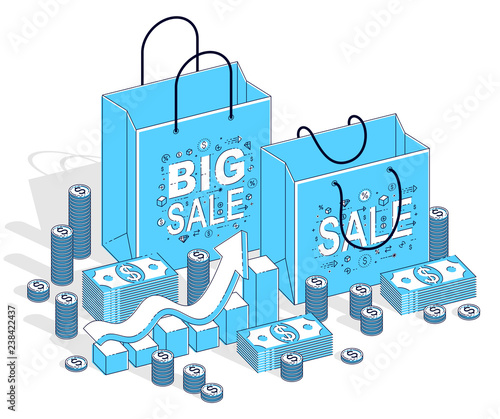Big Sale concept, Retail, Sellout, Shopping Bag with cash money stacks and growth chart isolated on white background. Vector 3d isometric business and finance illustration, thin line design.