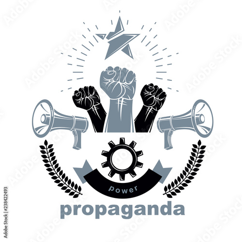 Vector leaflet created using clenched fists raised up, megaphones equipment and engineering cog wheel element. Dictatorship and manipulation theme, totalitarianism as the evil power.