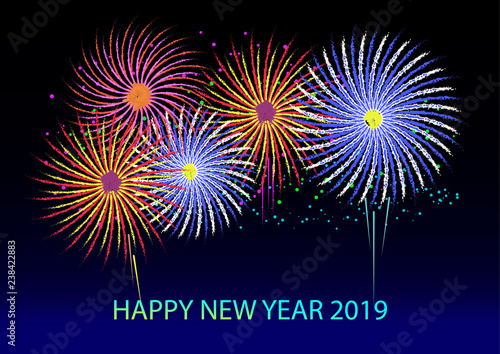 Greeting Happy New Year 2019 with firework background.