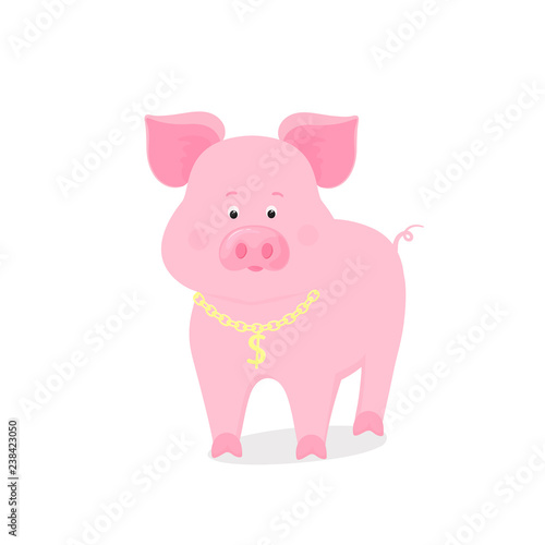 Funny piggy symbol of the Chinese New Year 2019. Cute pig with a gold chain and a dollar icon.