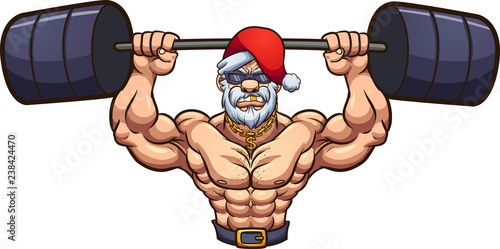 Strong Santa Claus lifting weights. Vector clip art illustration with simple gradients. Head and body on separate layers.