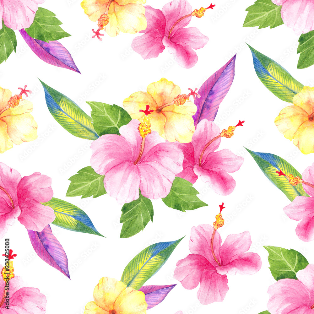Watercolor seamless pattern with tropical flower and leaves Watercolor seamless pattern with tropical flower and leaves