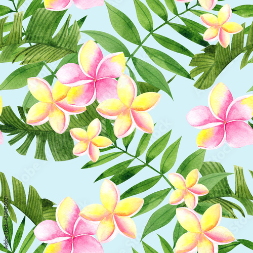 Watercolor seamless pattern with tropical flower and leaves