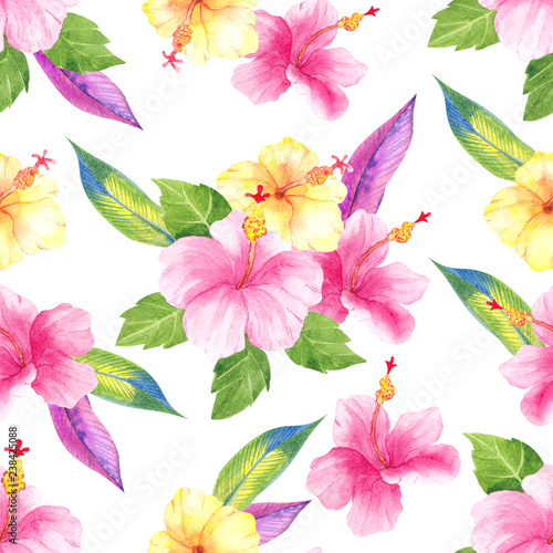 Watercolor seamless pattern with tropical flower and leaves