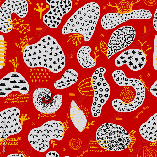 Vector seamless pattern with hand drawn abstract shapes. Spotted and textured figures. Unique design. Creative background. Applique. Freehand style. Wallpaper  textile  wrapping  print on clothes