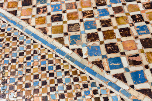 Ancient blue mosaic floor in a mosque in Tangier