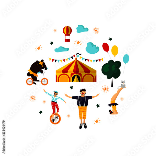 Circus elements and characters. Vector illustration for card, poster, banner, invitation template with bear, elephant, cat, acrobat, clown, tent. Isolated objects.
