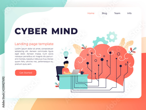 Brain with digital circuit and man with laptop. Machine learning, artificial intelligence, digital brain and artificial thinking process concept, living coral palette. Vector landing page template.