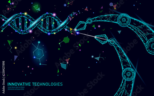 DNA 3D structure editing medicine concept. Low poly polygonal triangle gene therapy cure genetic disease. GMO engineering CRISPR Cas9 innovation modern technology science banner vector illustration