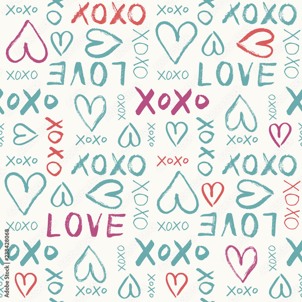 Hand Written Valentine's Day Typography vector seamless pattern. Hand Drawn Doodle Hearts and Words Love. XOXO. Graffity Hand Written Valentine's Day Typography vector seamless pattern. Hand Drawn Doodle Hearts and Words Love. XOXO. Graffity
