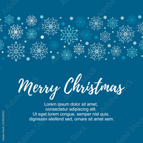 Vector Illustration. Vertical Merry Christmas greeting card with blue and white snowflakes on dark blue background. Christmas design for banners  posters  massages  announcements
