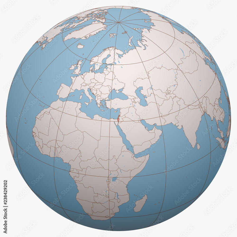 Israel on the globe. Earth hemisphere centered at the location of the State of Israel. Israel 