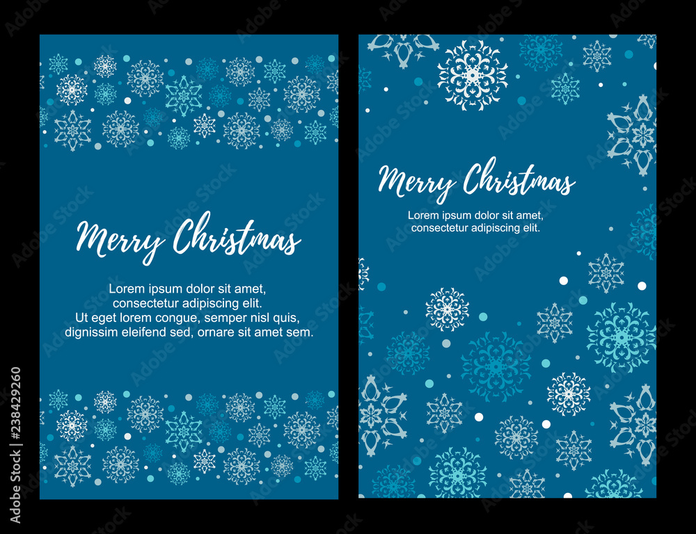 Vector Illustration. Set of Vertical Merry Christmas greeting card with blue and white snowflakes on dark blue background. Christmas design for banners, posters, massages - obrazy, fototapety, plakaty 