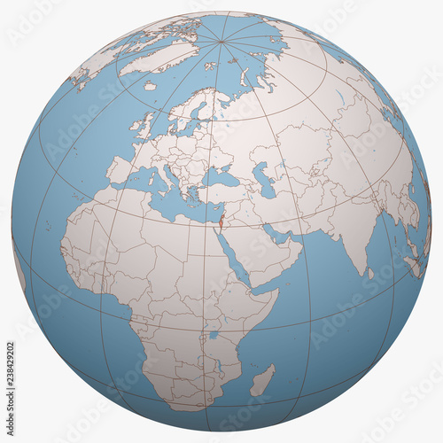 Israel on the globe. Earth hemisphere centered at the location of the State of Israel. Israel map.
