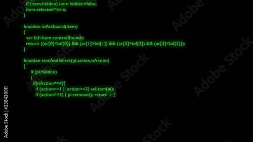 Abstract video, green glowing lines with symbols, computer code is generated on a black computer screen, running or loading a script, stock video