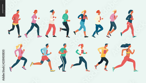 Marathon race group - flat modern vector concept illustration of running men and women wearing winter sportswer. Marathon race, 5k run, sprint. Creative landing page design template, web banner