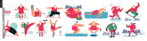 Sporting Santa - sport exercises - modern flat vector concept illustration set of cheerful Santa Claus doing aerobic and fitness exercises in the gym, outdoor and water activity, xmas fitness activity