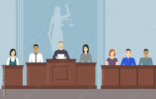 Cartoon Color Court Building Inside Interior with People. Vector
